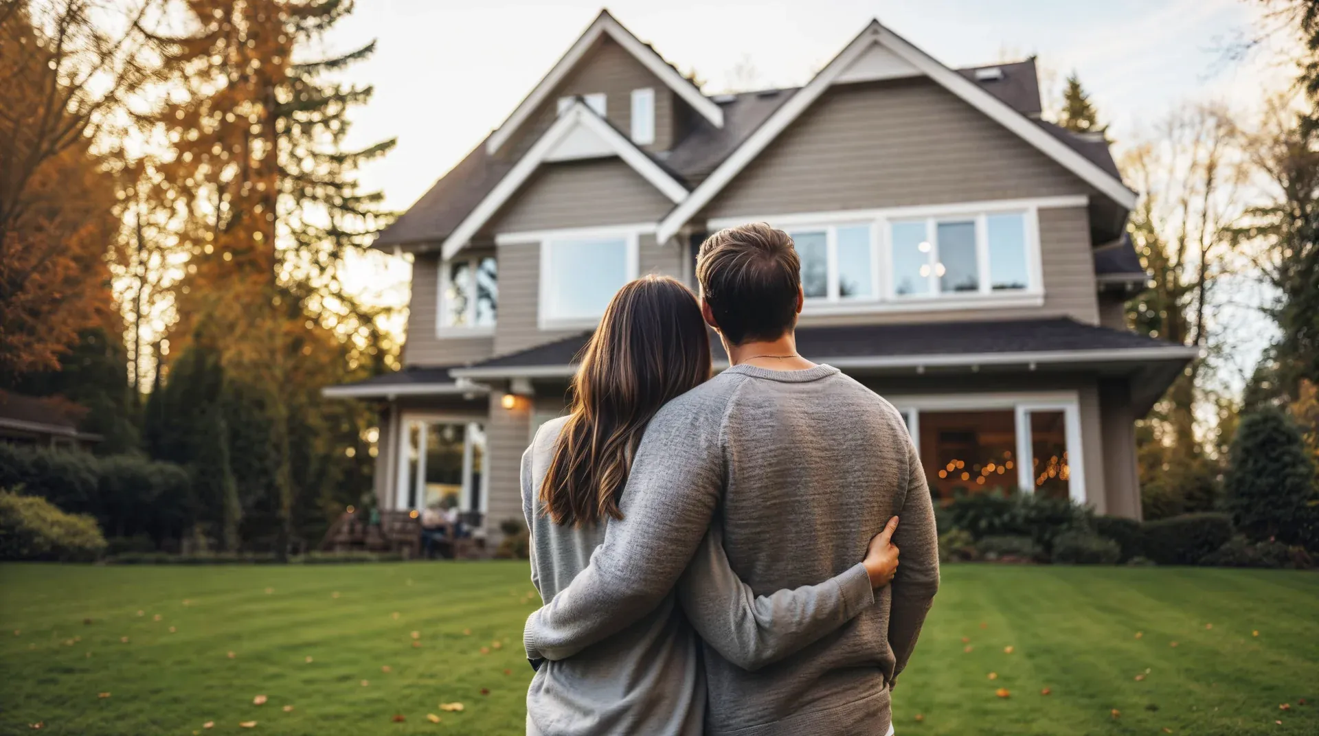 Couple with their arms around each other, standing on a lush green lawn and looking at a large, modern residential house in the background.